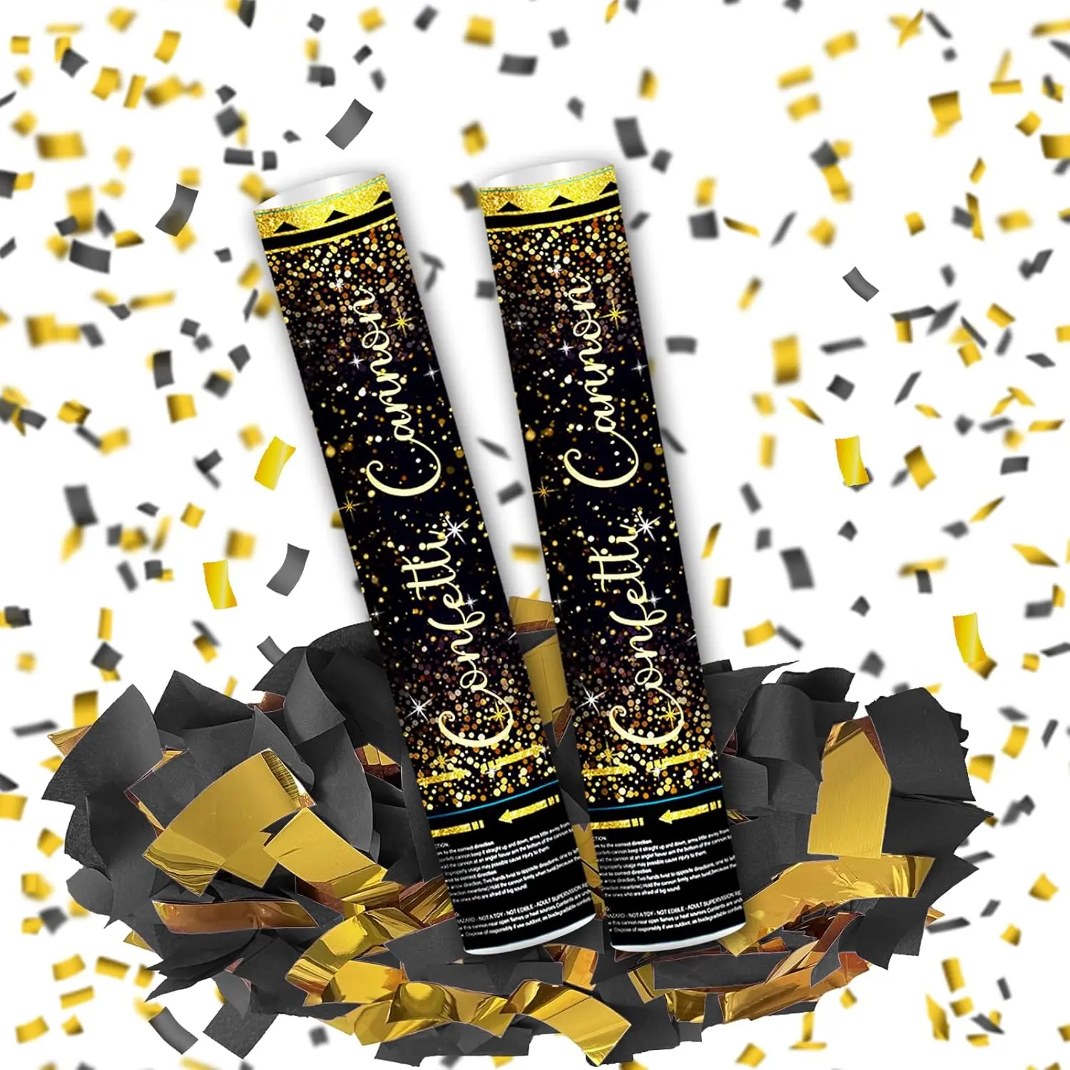 12 Black Gold Confetti Cannon Party Poppers for Birthday Graduation Wedding Retirement New Year Celebrations Easy to Use Pack of 2