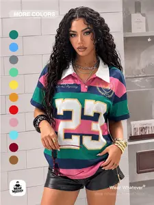 Wear Whatever Women’s Striped Polo Shirt, Colorblock Rugby Style Short Sleeve Y2K Streetwear Top
