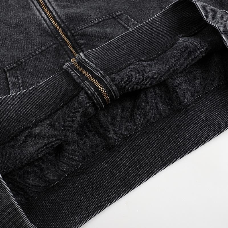 BIGWIG Unisex loose zip-up hoodie suitable for men and women, solid color zip-up sweatshirt acid wash long sleeve pullover, basic minimalist terry fabric cotton zip-up hoodie vintage