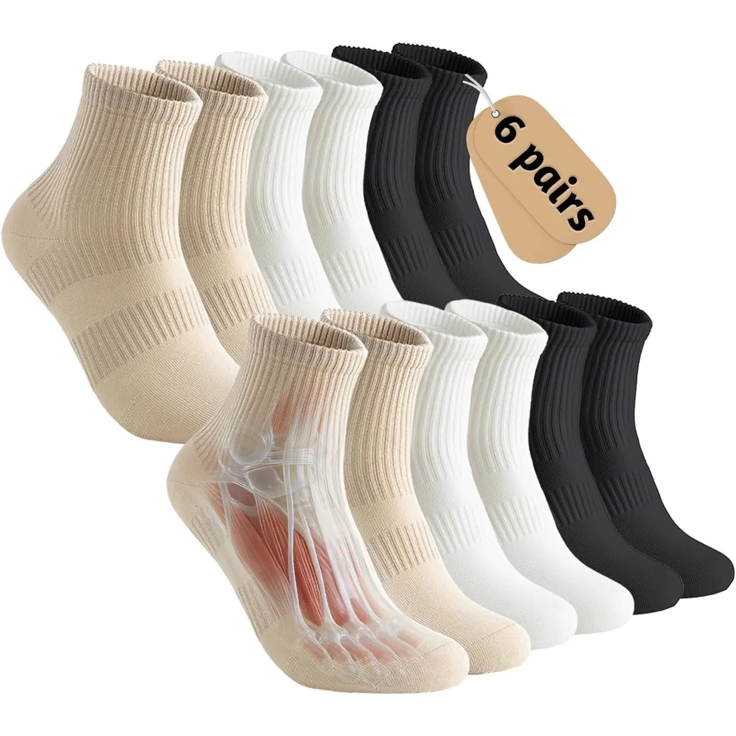 Arch Compression Athletic Socks - 6 Pairs for Women, Moisture Wicking with 95% Cotton, Seamless Toe for Secure FitGift