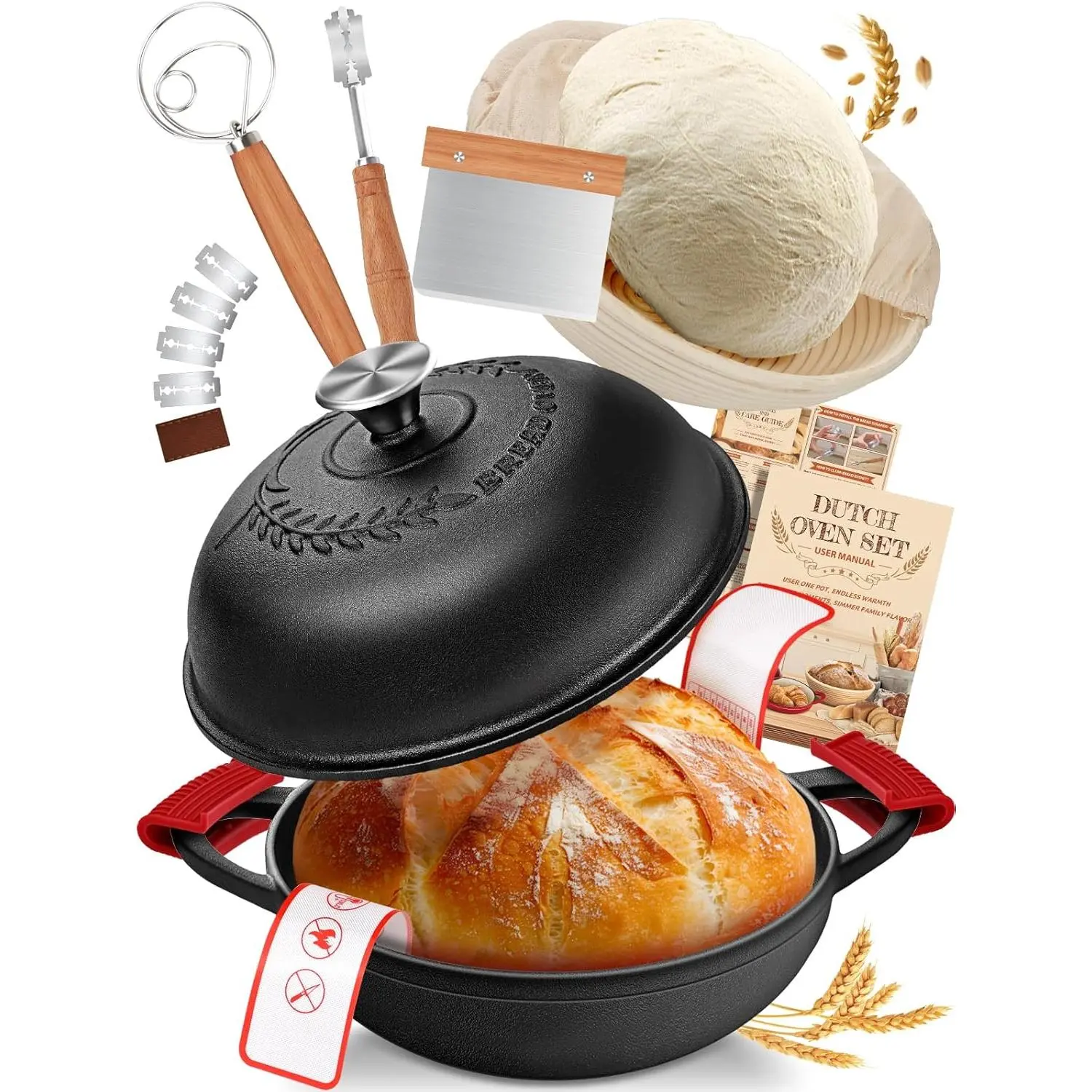 Dutch Oven Bread Baking Pot with Lid 6QT Cast Iron Design & Complete Sourdough Kit (Banneton Basket, Dough Tools,  Sling) for Artisan Bread Making