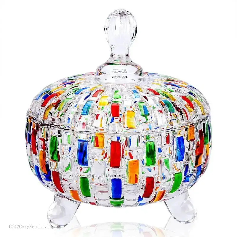 Glass Candy Jar, 1 Count Modern Desktop Candy Storage Box with Lid, Decorative Jar for Home Office, Home Organizer, Food Storage ContainersCC42CozyNestLiving
