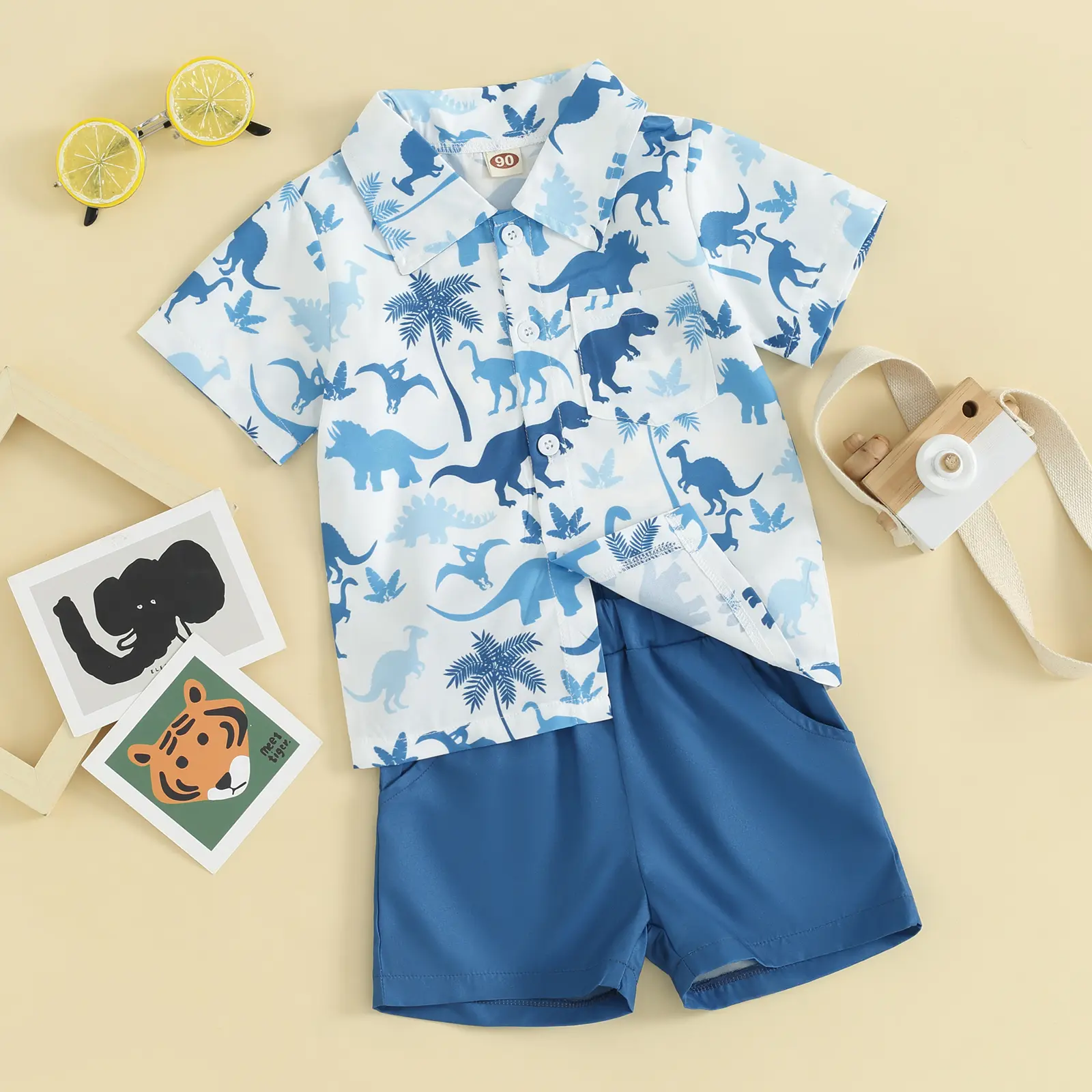 Boys Summer Set, Lapel Neck Short Sleeve Button Down Tops + Elastic Waist Shorts Toddler 2 Piece Dinosaur Outfits