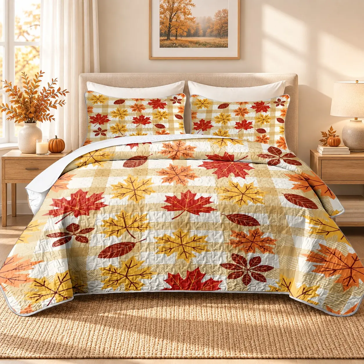 3 Pcs Fall Maple Leaf Bedspread Quilt Set, Decorative Bedding Set, Beige Buffalo Plaid Autumn Leaves Print, Quilted Coverlet with 2 Pillow Shams, Rustic Farmhouse Thanksgiving Bedding, Bedroom Decor, King, Queen & Full Size Bedspread