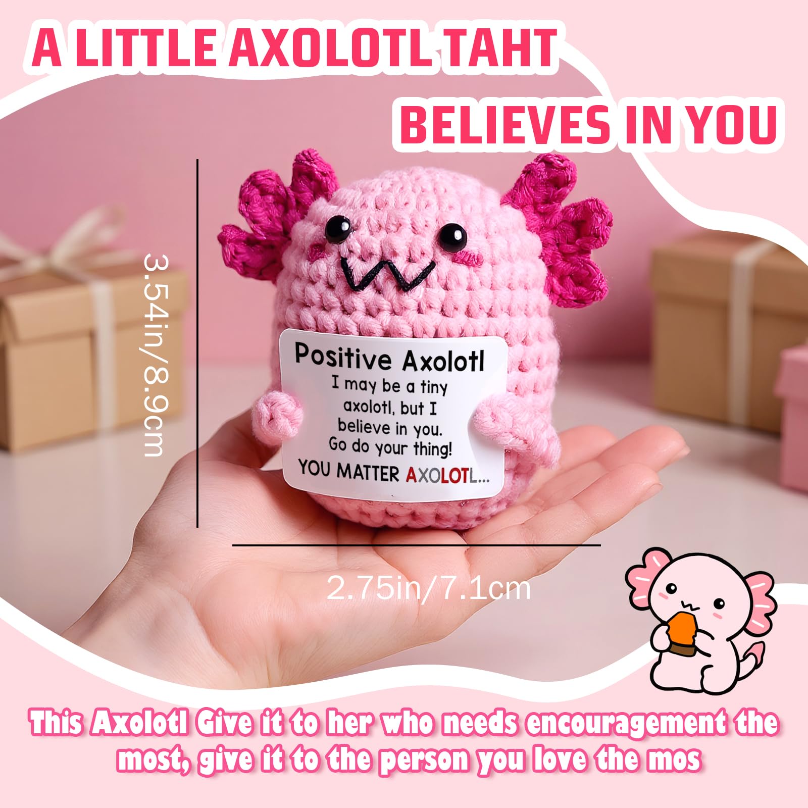 Handmade Crochet Axolotl Plush, Emotional Support Stuffed Animal, Cute Knit Salamander Toy with Soft Cotton Yarn, Anxiety Relief Companion, Portable Desk Decor, Birthday Gifts for Women & Men, Teacher Appreciation Present, Unique Home Ornament & Bag Charm