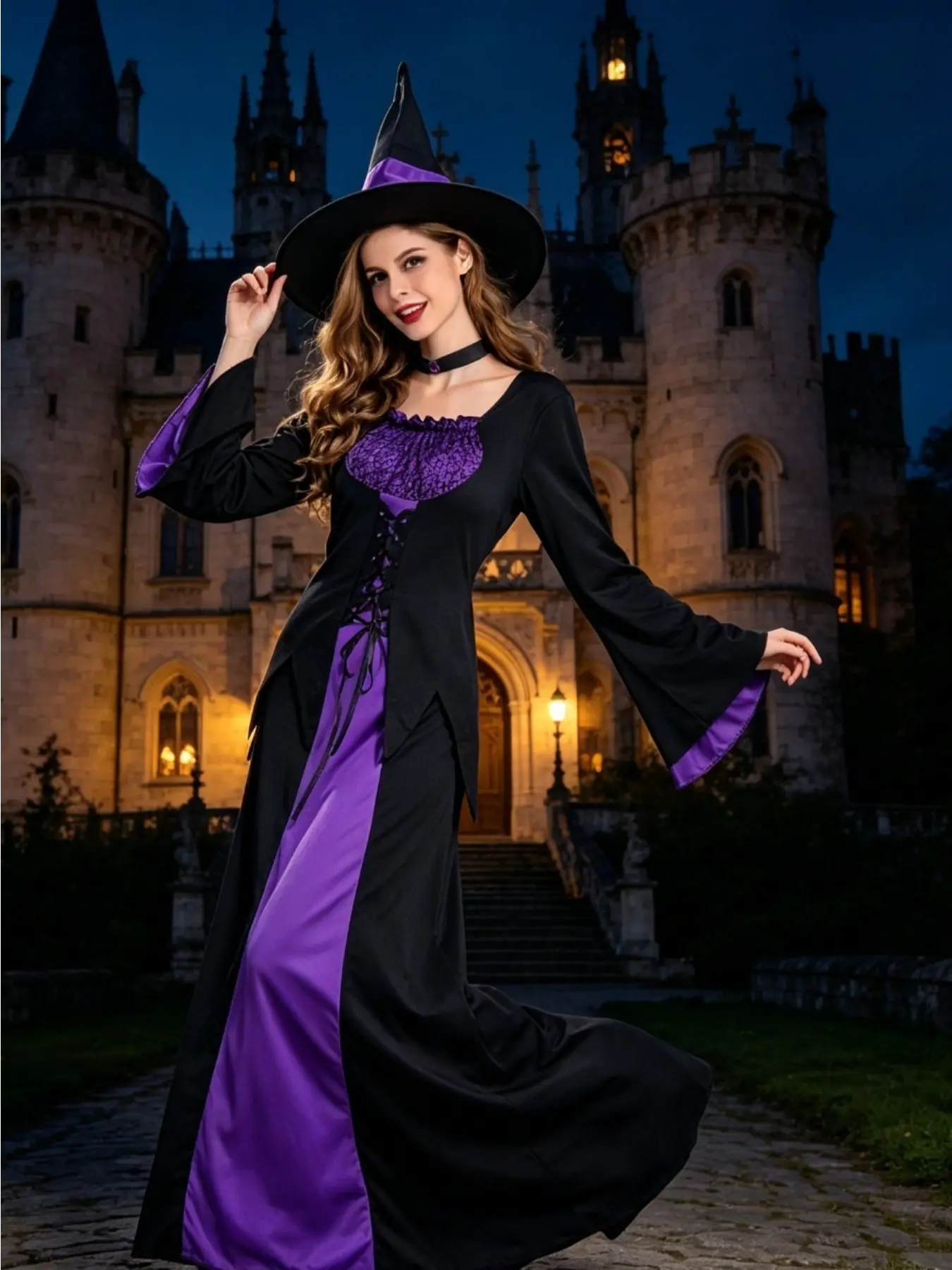 Purple Black Witch Vampire Set Oversized Dress With Hat Halloween Festival Party Stage Performance Cos Costume
