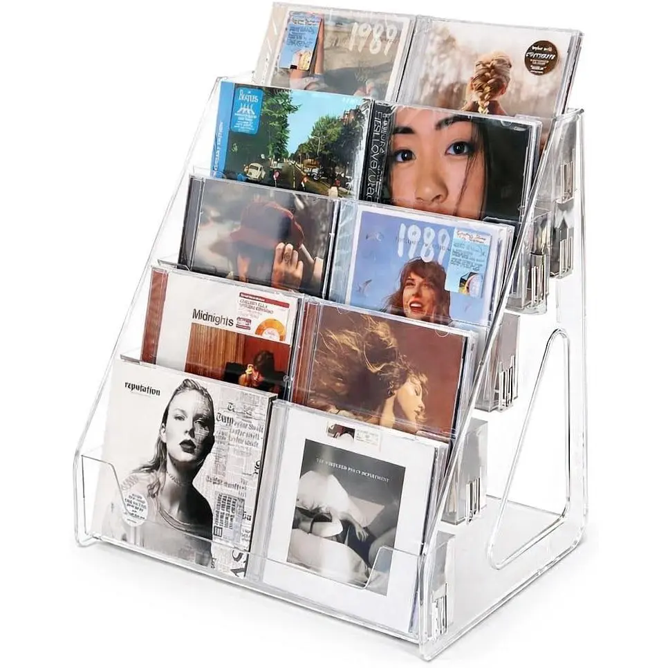 Acrylic CD Rack 5-Tier Cascading CD Storage Organizer, Holds Up to 30 CD Jewel Cases, Clear CD & DVD Display Shelf for Music, Postcards & Cosmetics（1PC）