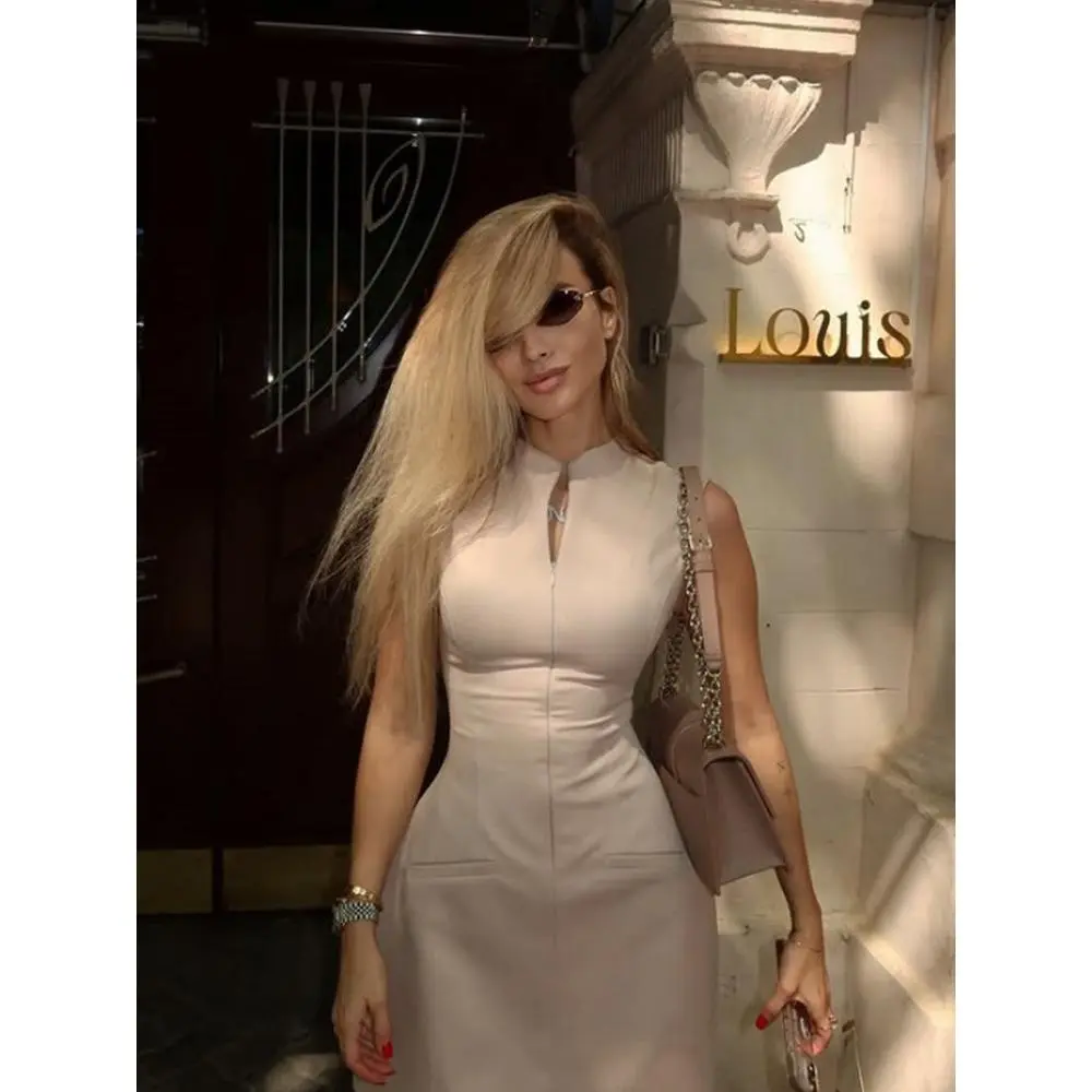 Women's Summer Sleeveless Bodycon Dress High Collar Keyhole Cutout Zipper Front Slim Fit Mini Dress with Pockets Evening Party Cocktail Dress,formal