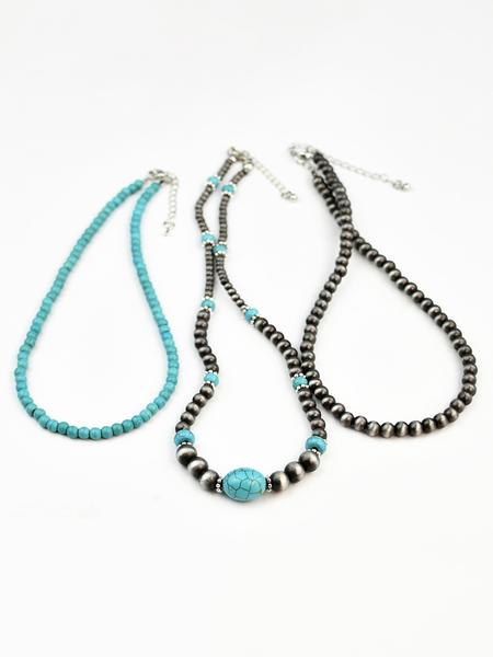 3pcs Vintage CCB Antique Lacquer Plated Beads Necklaces for Women, Synthetic Turquoise Jewelry Set, Elegant Western Style Modern Versatile Accessories