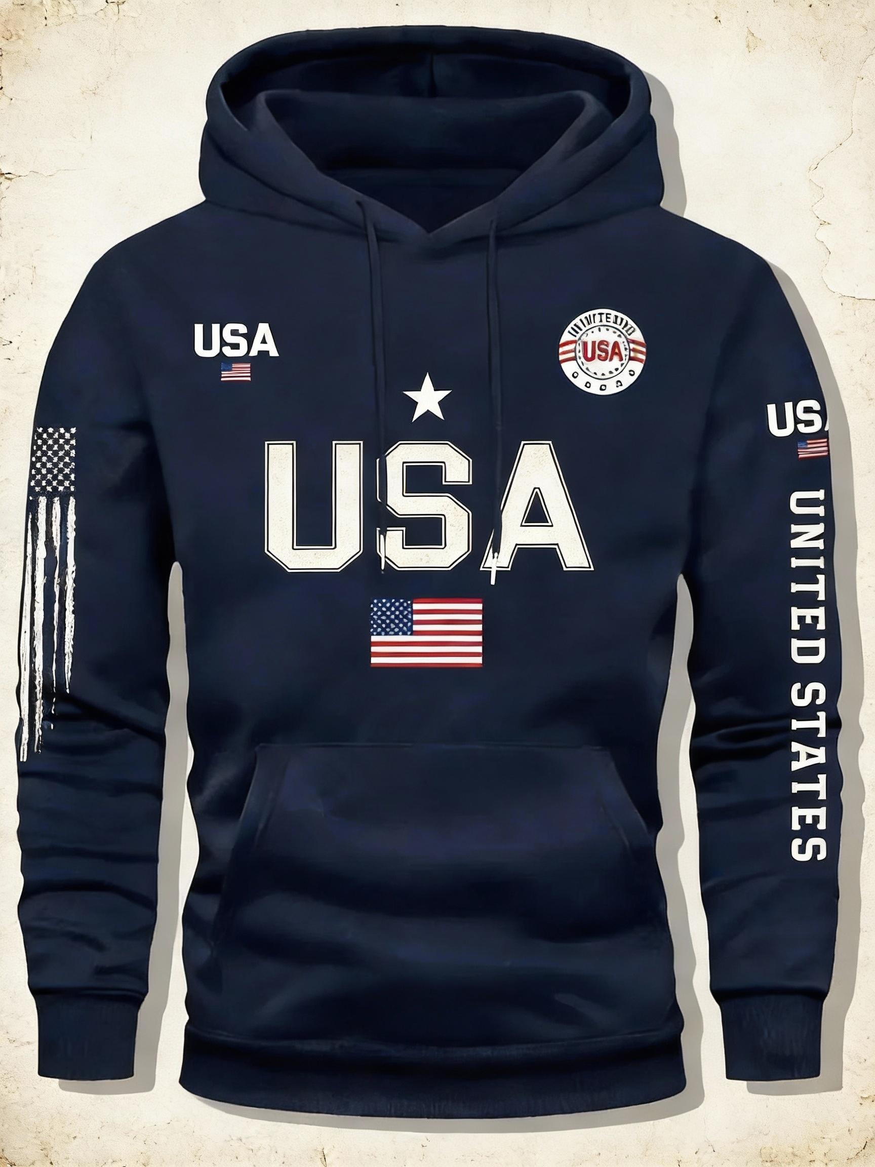 Streetwear USA Hoodie Men's Red Loose Hoodie Flag Element Top