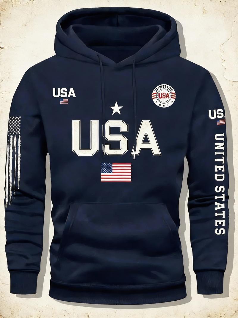 Streetwear USA Hoodie Men's Red Loose Hoodie Flag Element Top