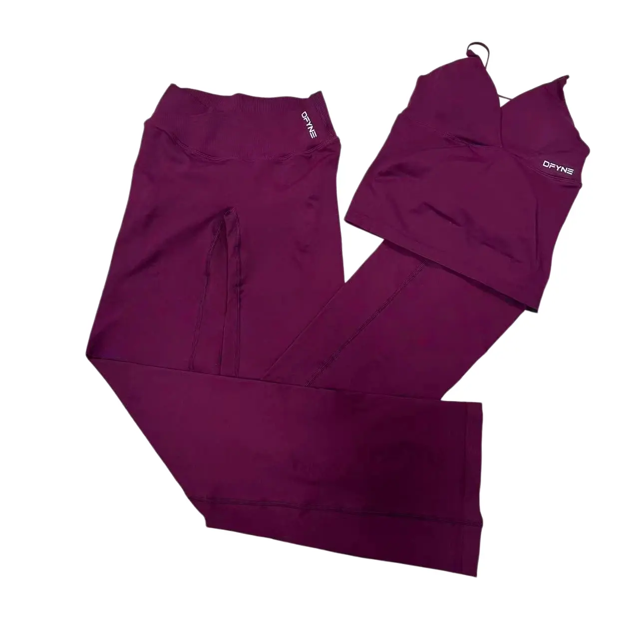 DFYNE New Seamless V-Neck Beautiful Back Tank + Criss Cross Flare Pants Set – Soft High Stretch Outfit
