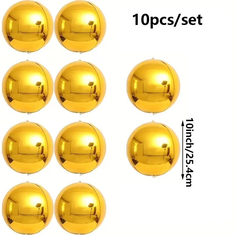 10-Pack Foil Balloons, 10-Inch 4D Round Aluminum Balloons, Small Golden Metal Ball Balloons for Weddings, Graduations, New Year, Christmas, Birthdays