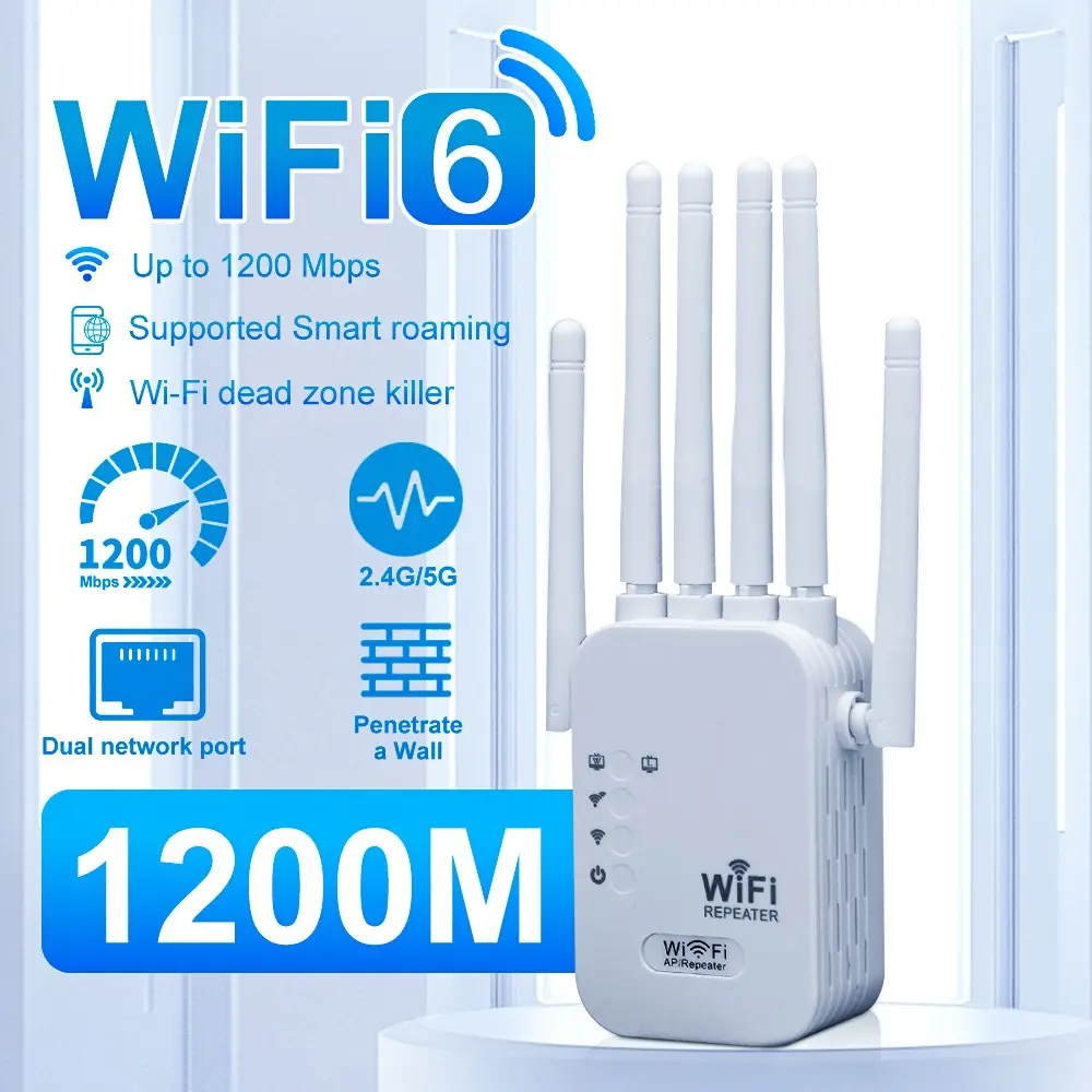 Wi-Fi 6 Signal Amplifier, Wireless Signal Repeater, 1400mbps Mesh Network Extender, Dual Band 2.4GHz/5GHz, 6 Antennas, Easy Installation, Full Home Coverage