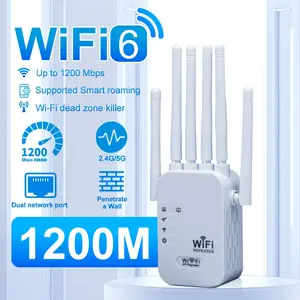 Wi-Fi 6 Signal Amplifier, 1400mbps Mesh Network Extender, Dual Band 2.4GHz/5GHz, 6 Antennas, Easy Installation, Full Home Coverage