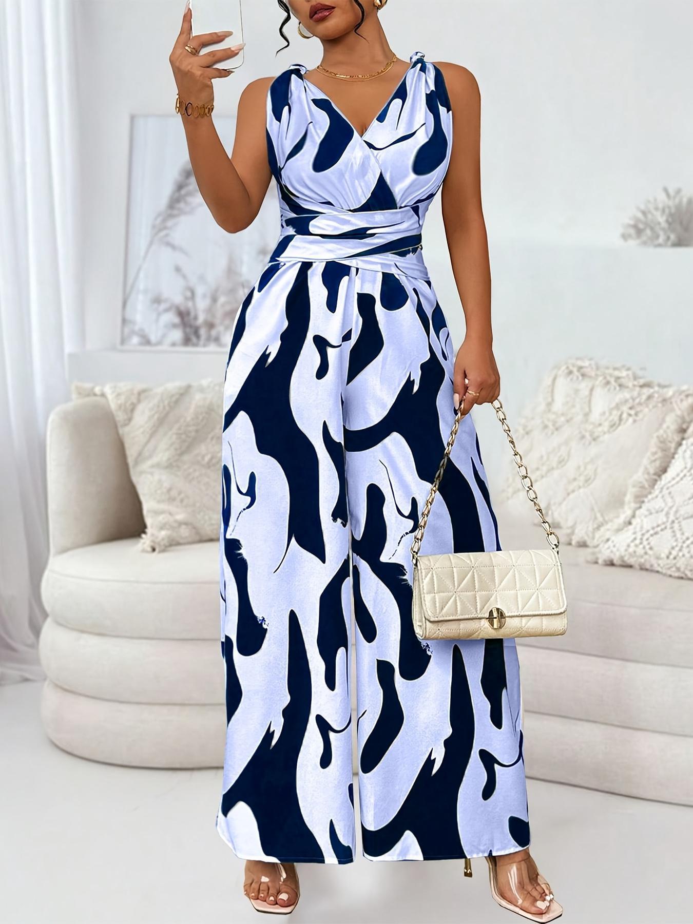 Women's Jumpsuit, Casual V Neck Sleeveless Tie Waist Jumpsuit for Summer, Fashion Lady Women's Clothing for Beach Holiday, Womenswear, Clothe, High Waist Jumpsuit, Casual Jumpsuits