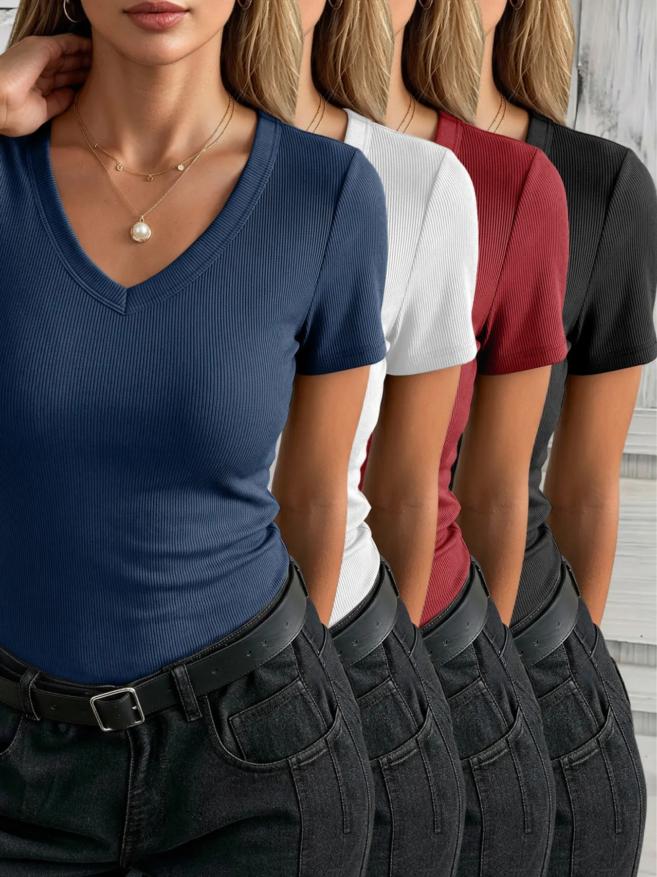 Women's Ribbed V-Neck Short Sleeve T-Shirt 4-Piece Set, Elegant Fitted Solid Top, All Seasons Wear, Plain Surface, Unlined