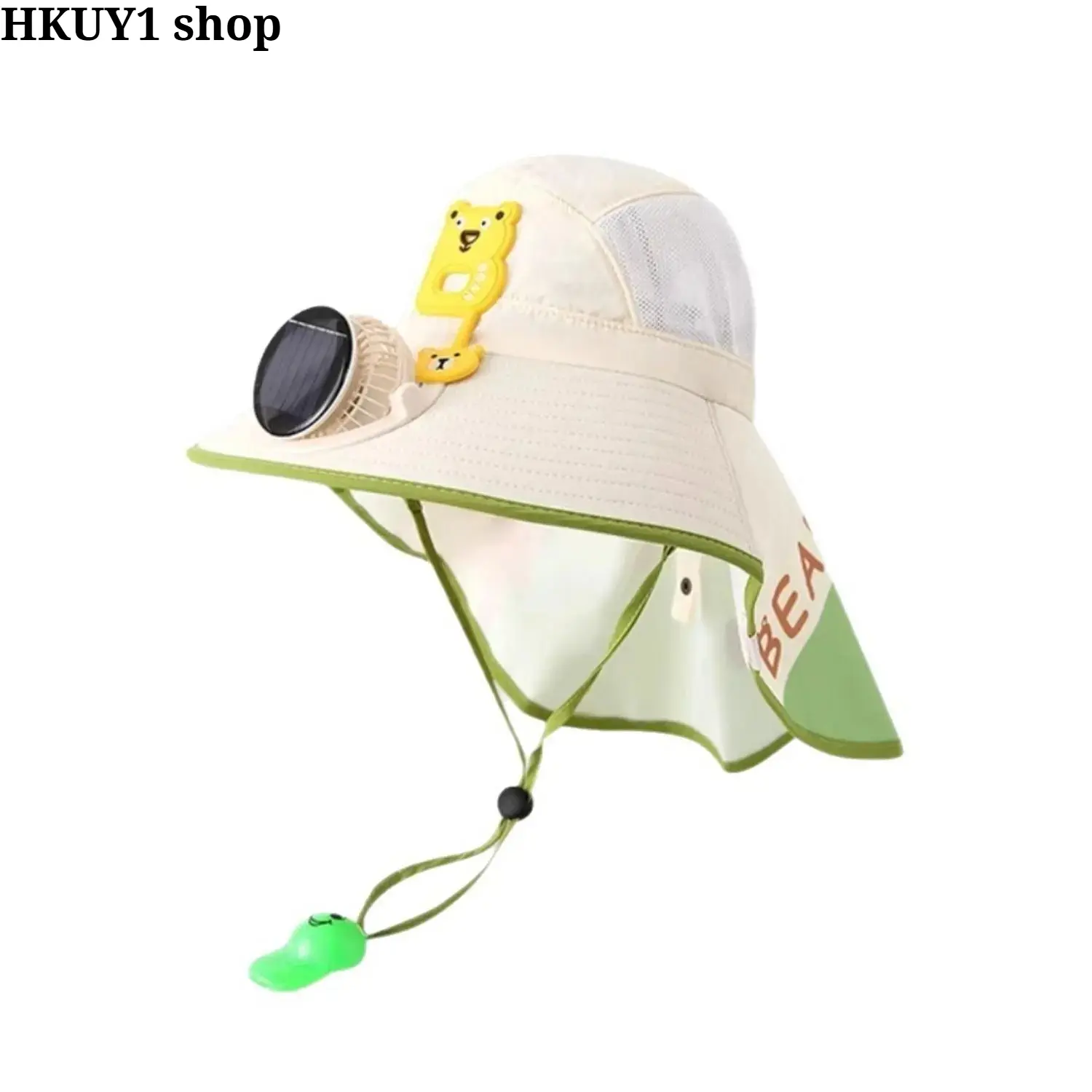 Children’s Size Solar-Powered Wide-Brimmed Mesh Bucket Hat with Sun-Protection Shawl, Bucket Shape Headwear for Outdoor Sports Bag Accessories, Sun Hat, Boys & Girls, B M Green Letter - Children's Solar, F Light Blue Letter - Children's Solar