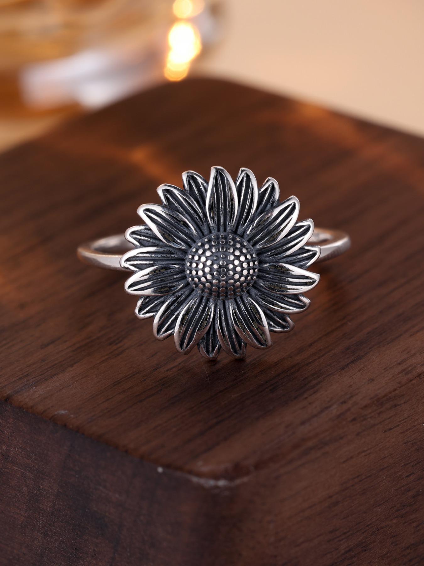 S925 Sterling Silver Sunflower Design Unique Rings, Elegant Everyday Ring, Fashion Accessories for Women & Men, Trendy All-match & Exquisite Jewelry for Birthday Gift, Girlfriend Gifts, Rings for Women, Trendy Fine Jewelry, Statement Rings