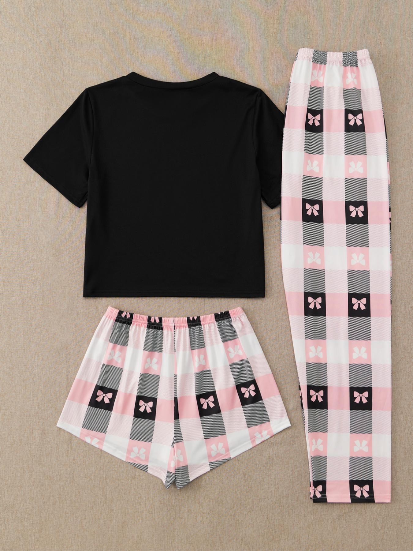 Three-Piece Set Women's Cute Cartoon Sloth Print Tee & Shorts & Pants Pyjama Set, Casual Comfy Crew Neck T-Shirt & Shorts & Trousers PJ Set, Summer Clothes Women, Summer Outfits 2024, Pajamas Lounge Set