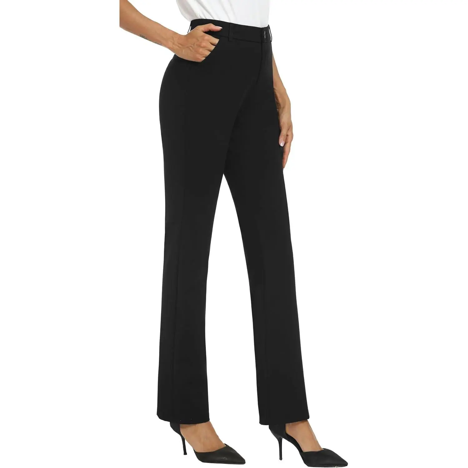 Women's Straight Leg Dress Pants, Stretchy Formal Trousers for Work Office with Pockets and Elastic Waist, Available in Short & Tall Inseams, Dressy, Basic