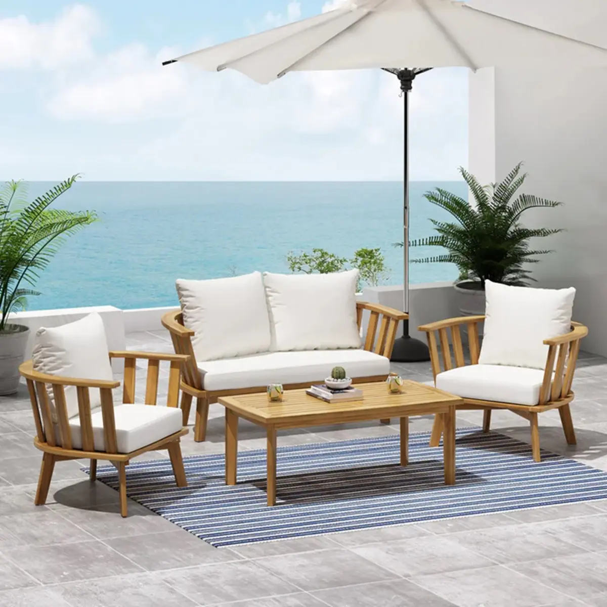 Christopher Knight Home® 4-Piece Acacia Wood Patio Set, Outdoor Deep Seating Conversation Set with Slated Look, Soft Cushions, Porch Chairs & Coffee Table, Teak Finish, White for Backyard Balcony