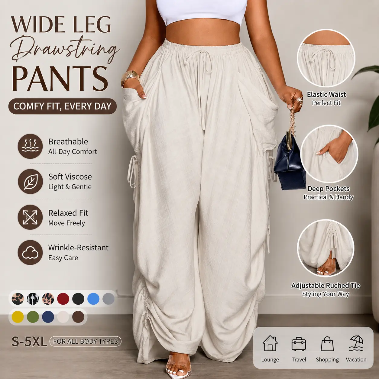 Women's Plus Size Cream Wide Leg Palazzo Pants (S-5XL) - Soft Breathable Viscose, Elastic Drawstring High Waist, Deep Pockets, Adjustable Ruched Ties, Wrinkle-Resistant Solid Plain Casual Lounge Trousers for Travel, Everyday Wear, Wide Leg Pants, Adjustab
