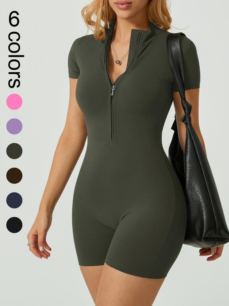 Women's Solid Zip Up Sports Romper, Sporty Comfy Breathable Sleeveless Bodycon Romper for Yoga Gym Workout, Ladies Sportswear for Summer, Sportswear Jumpsuits