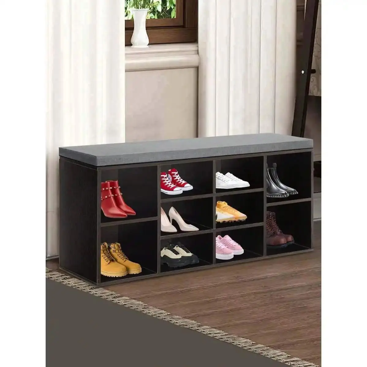 White 3-Tier Cubby Shoe Rack Bench with 10 Cubbies, Adjustable Shelf, Particle Board Construction, 300lb Capacity - Requires Assembly for Hallway, Front Door
