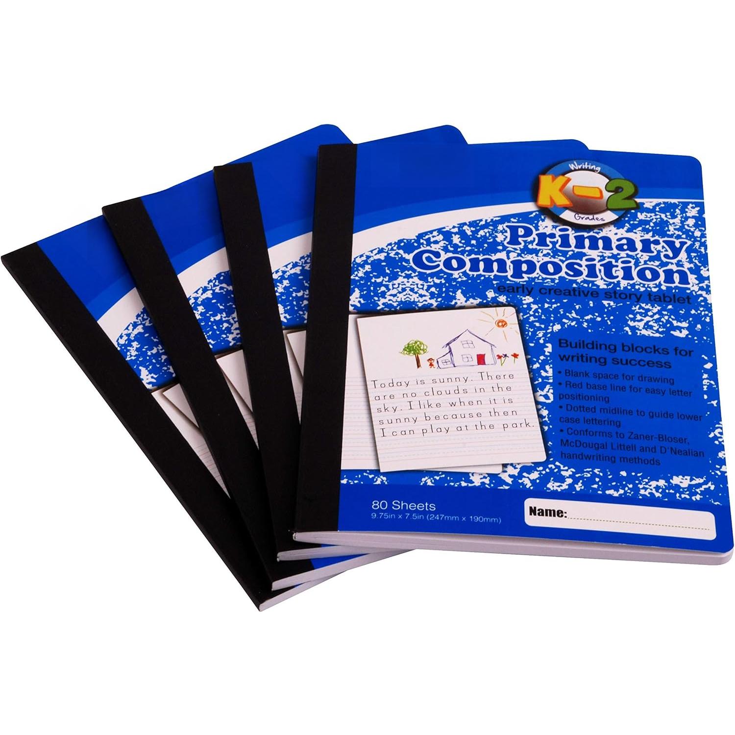 Primary Composition Notebook, 4 Pack, Blue Cover, 80 Sheets, 7.5in x 9.75in, 1/2 Sheet, Ruled with Drawing Area, Flexible Hardcover Journal , Grades K-2, School & Home Use
