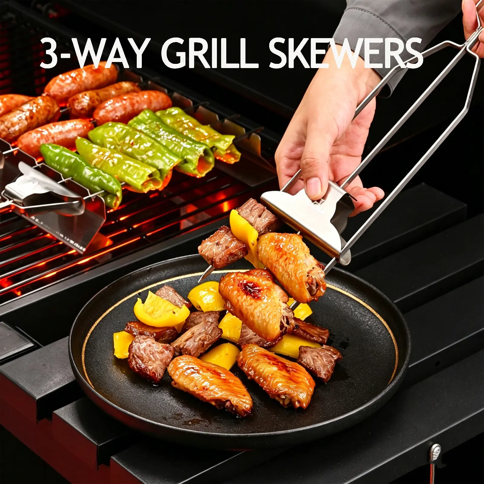 BBQ Skewers 5-Piece Set 3 Prong Stainless Steel Silicone Brush & Storage Bag, Reusable Kebab Skewers with Smoking Guide, Outdoor Camping Picnic 15 Inch