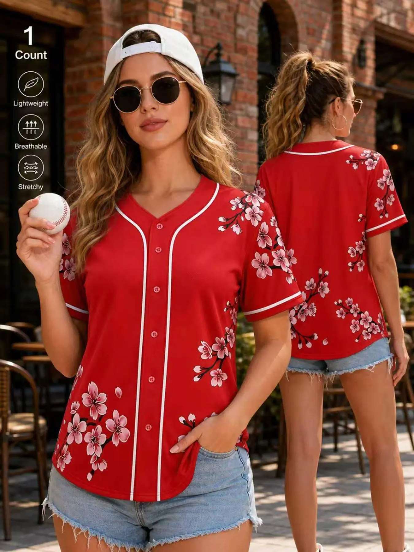 Sakura Floral Print Women Baseball Jersey | Short Sleeve Button Down Casual Sporty Shirt