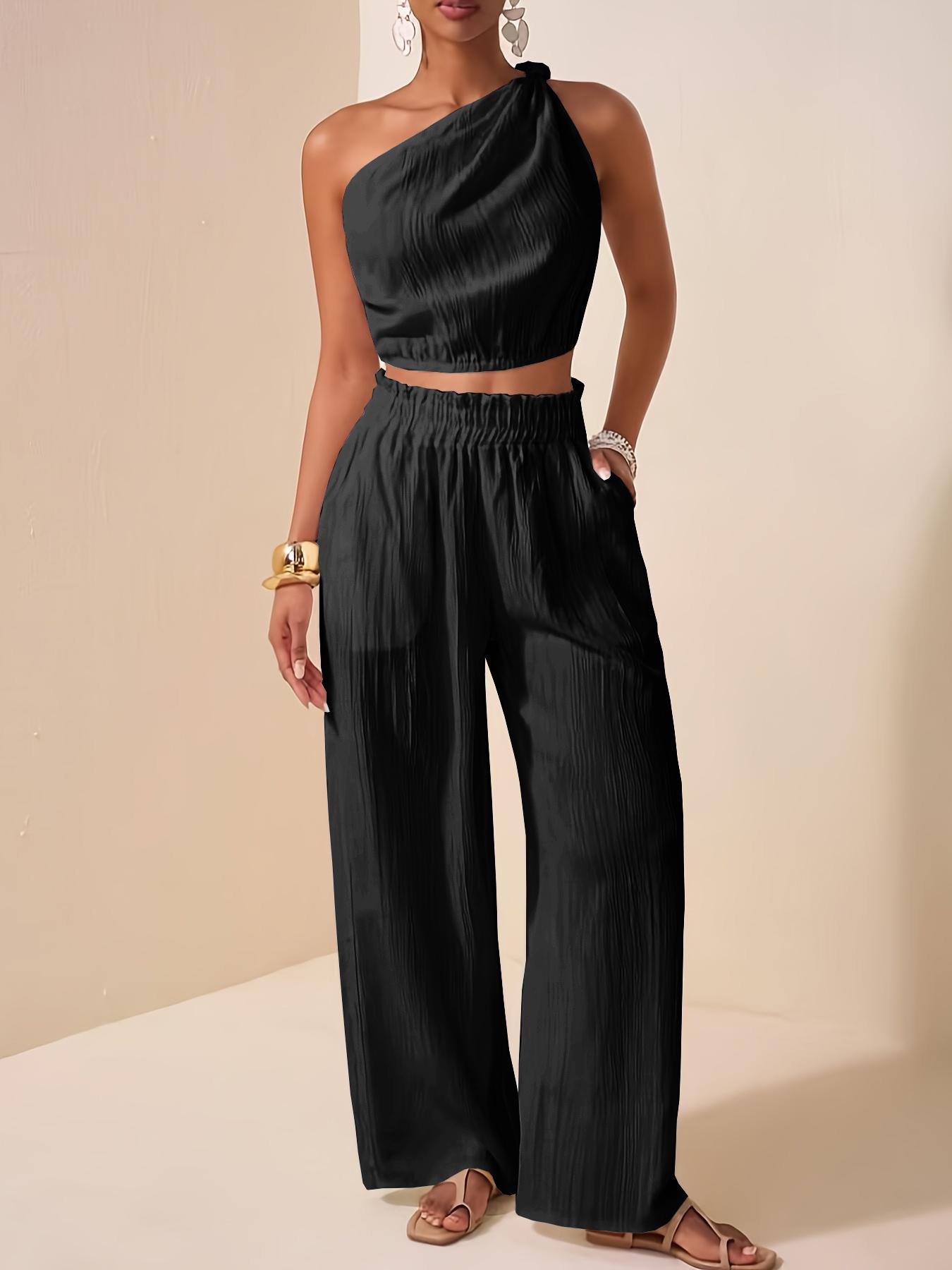 Two-piece Set Women's Solid Crop Top & Wide Leg Pants, Basic Elegant Fashion Casual Top & High Waist Trousers for Daily Outdoor Wear, Women's Clothing for Summer, Womenswear