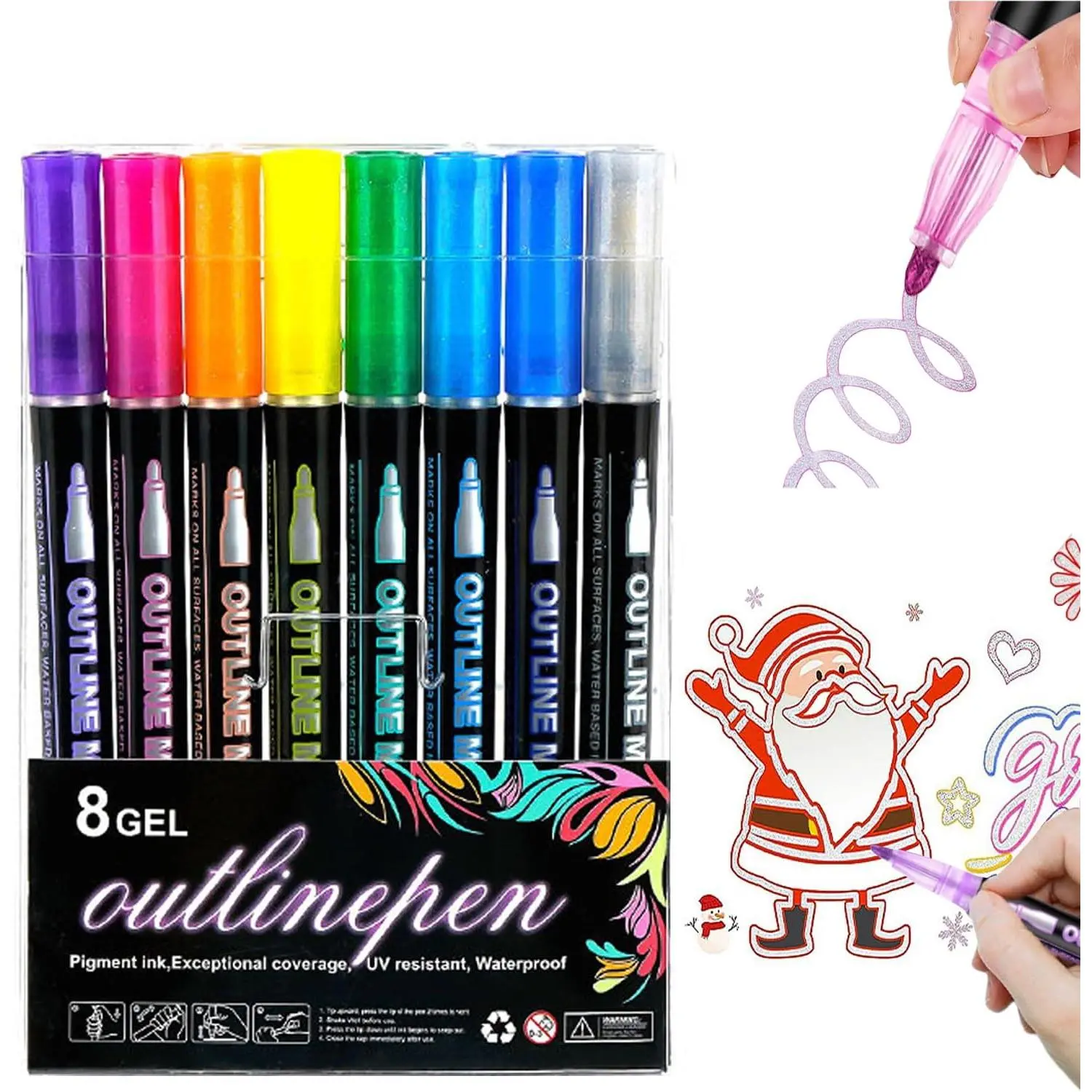 KEAAR 8 count Shimmer Outline Marker Set - Double Line Self-Outline Metallic Glitter Pens, Colored Journaling Highlighter Markers for Scrapbooking, Coloring & DIY Crafts, Christmas Card Gifts