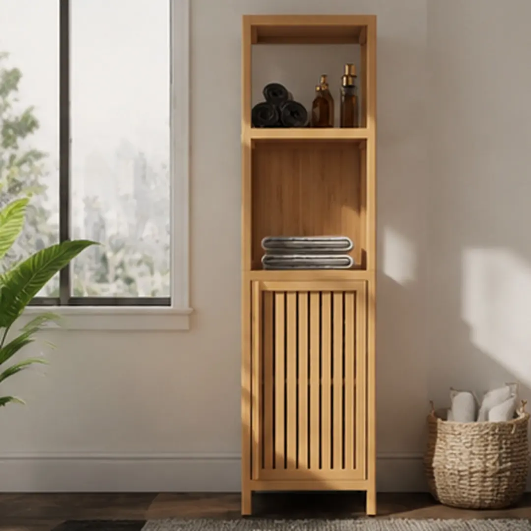 Natural Bamboo ARCH Space-Saving Floor Cabinet, Narrow Freestanding Linen Tower with 2 Open Shelves & 1 Door Cabinet, 52" Tall Slim Organizer for Small Spaces, Bathroom, Laundry Room (12.99"W x 14.09"D x 52"H), Space-Saving Floor Cabinets