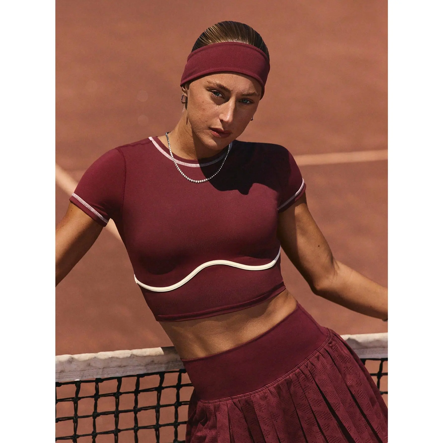 GLOWMODE AirSoft Breezy Day Silky Fitted Waist Length Contrast Seam Moisture-Wicking Quick-Drying Sun-Protective Cropped Crewneck Tee Tennis Golf Pickleball