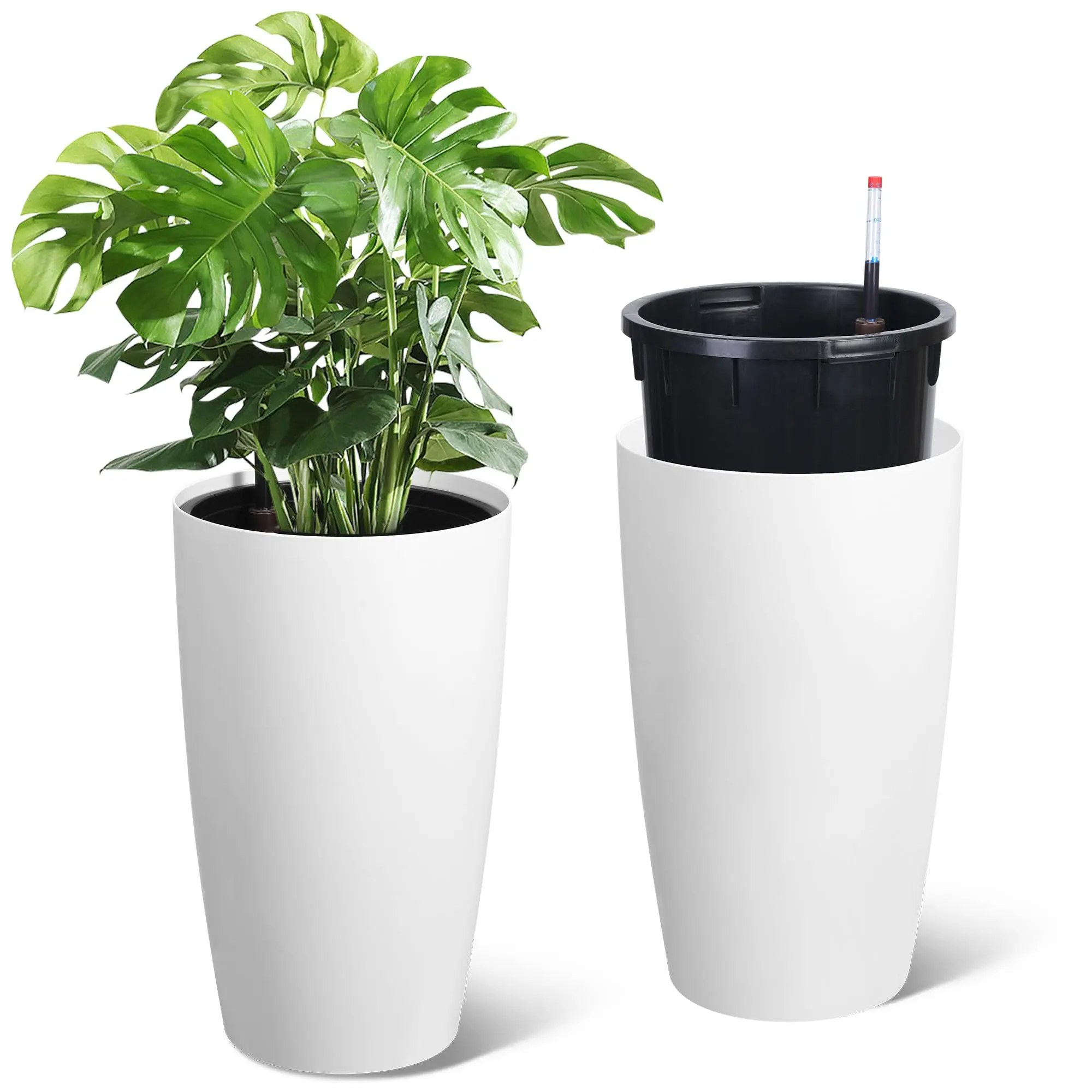 Set of 2 Tall Self Watering Plastic Flower Pots with Built-in Handle, Liquid Level Detector & Inner Bucket – 22" & 16" Large Indoor/Outdoor Planters – Color: White & Black