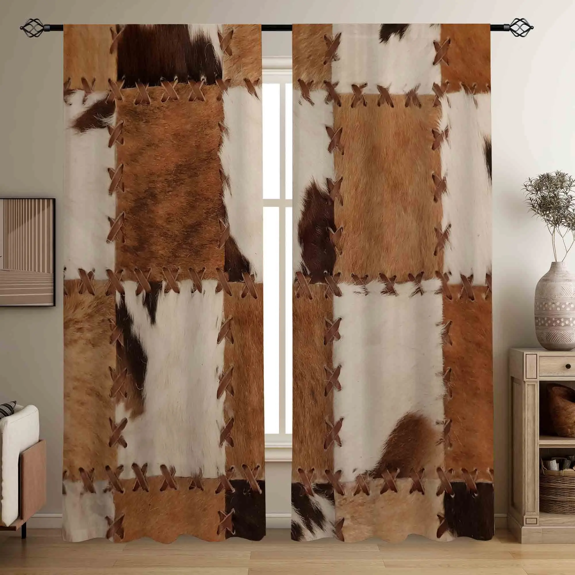 2-Piece 2D Print Leather Texture Curtains, Rustic Farmhouse Style, Rod Pocket Design, Semi-Sheer, All-Season Home Decor