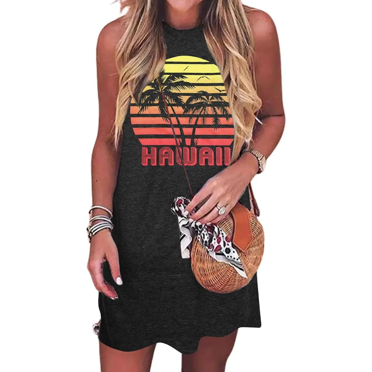 Summer Tank Dress for Women Sleeveless Beach Vacation Sundress Short Coconut Tree Sun Dress Casual Coverup