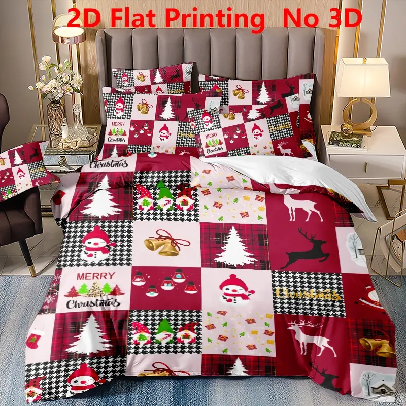 3-Piece Set 1 Duvet Cover + 2 Pillowcases No Fillings Ultra Soft Breathable Skin Friendly Wrinkle & Fade Resistant Easy Care Bedding Double Sided Printed Christmas Plaid Santa Snowman Elk Pattern Bedroom Dorm Home Gift