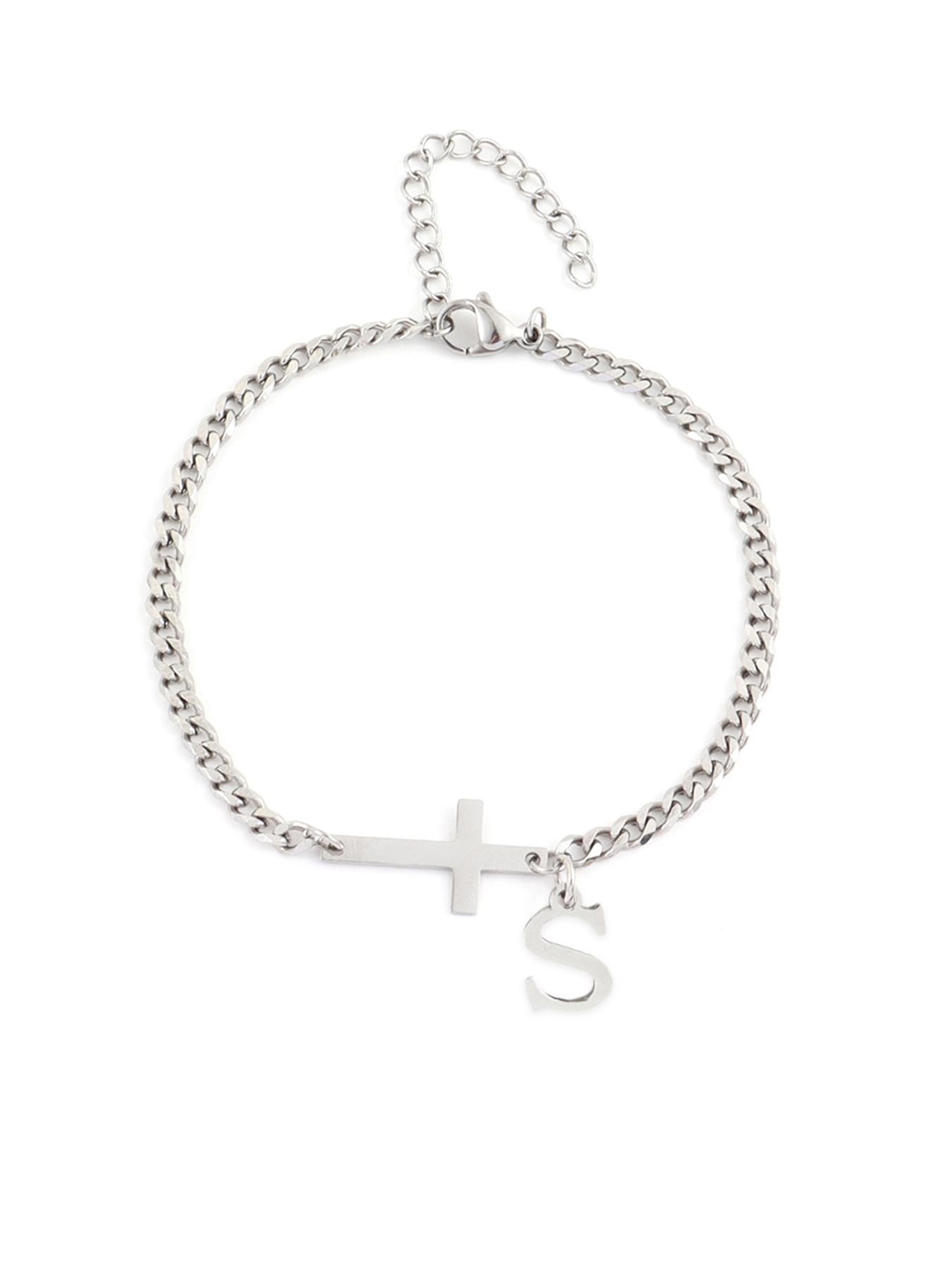 2026 New Men's Trendy Casual Bracelet, Simple Cross Charm and Letter Link Design, Fashion Bracelet for Daily Wear