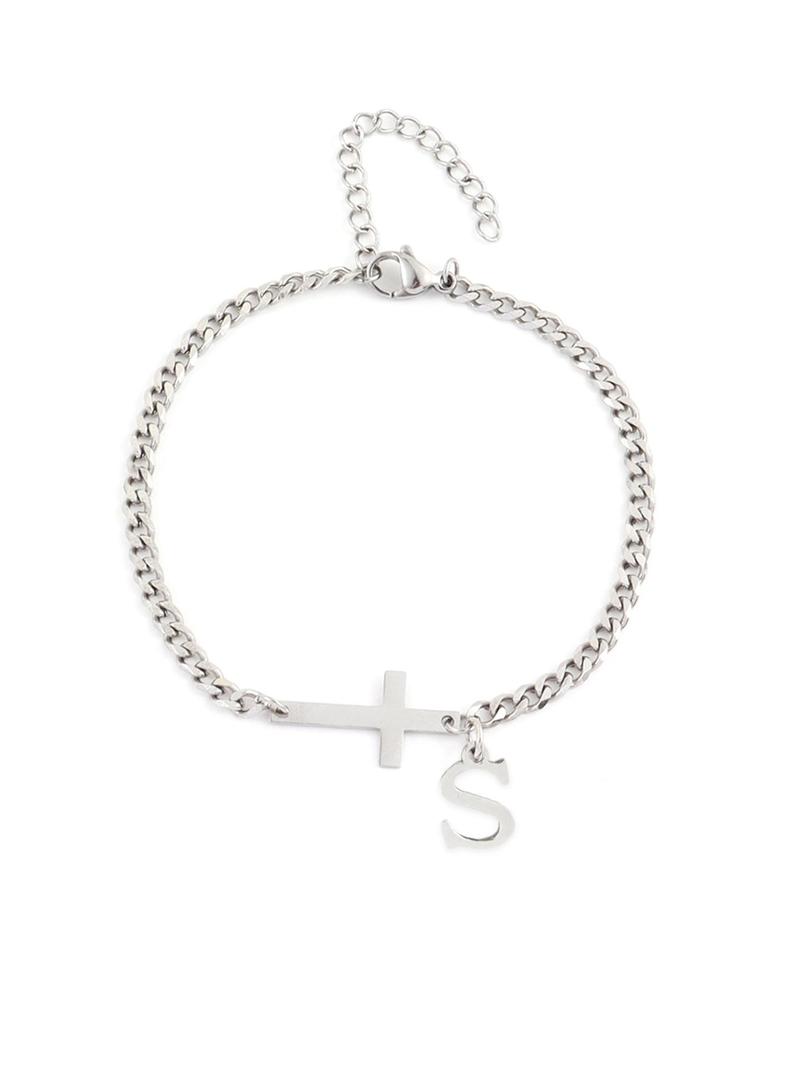 2026 New Men's Trendy Casual Bracelet, Simple Cross Charm and Letter Link Design, Fashion Bracelet for Daily Wear