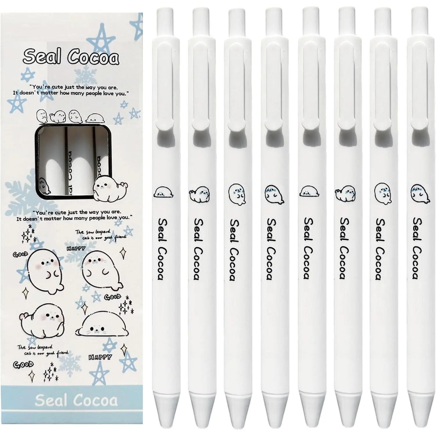 8 count Cute Seal Pens Cartoon Retractable Pens 0.5mm Black Ink Writing Pen Kawaii White Seal Pen for Girls Boys Women Men Office School Supplies (8Pcs Seal)