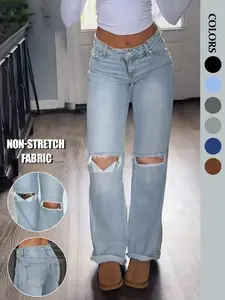 NVFelix Women's Mid Waist Straight Leg Jeans American Casual Style Ripped with Pockets for Everyday Office Streetwear