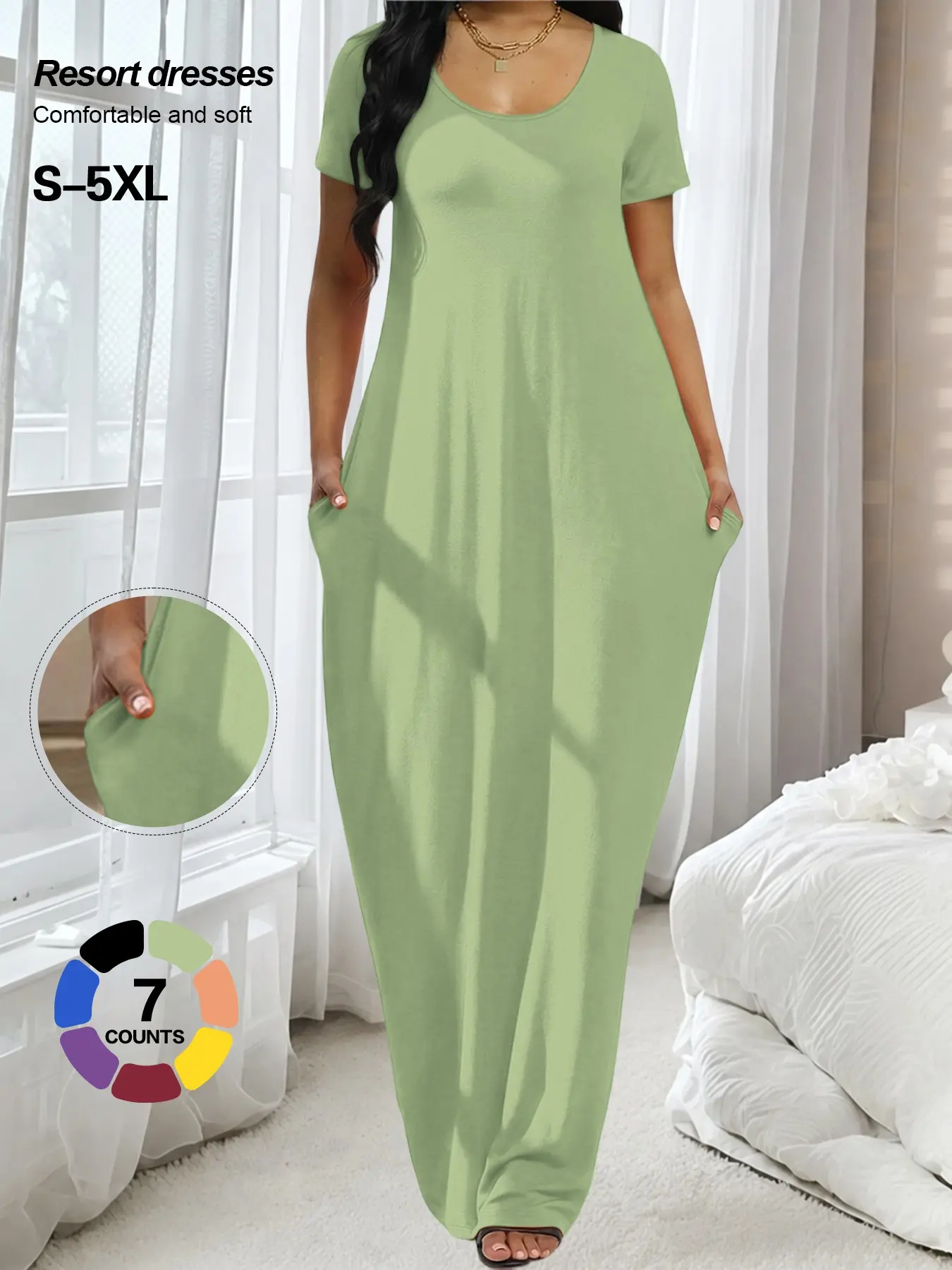 Loose-Fitting Floor-Length T-Shirt Dress, U-Neck Short Sleeves, Straight Cut, Casual for Travel & Lounging, Flattering Fabric