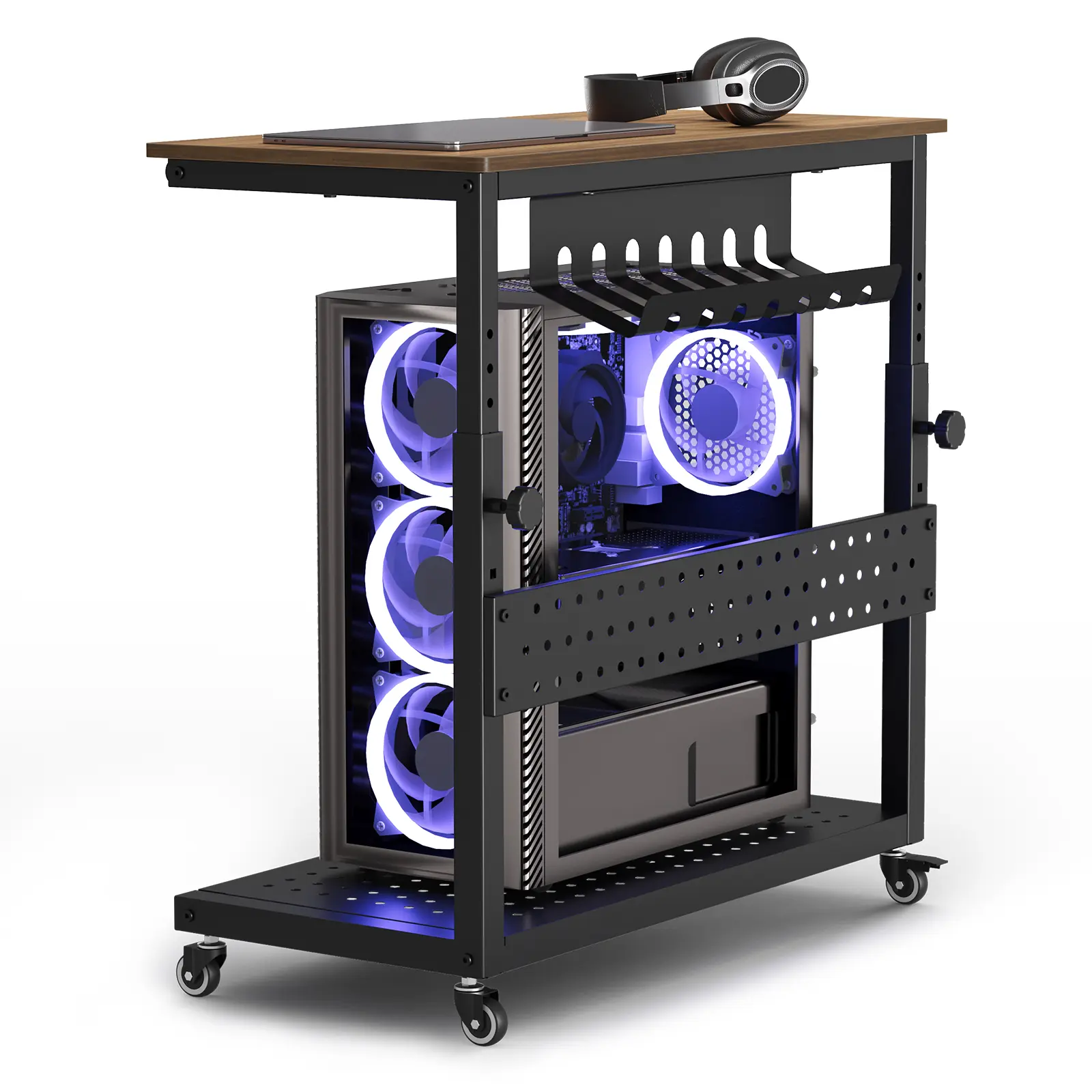 Heavy Duty PC Tower Stand with Wheels 11 Level Height Adjustable CPU Stand Under Desk 2 Tier Mobile Computer Tower Holder with Pegboard Cable Management Heavy Duty Printer Stand Metal Rolling Cart for ATX Gaming Case Home Office Black