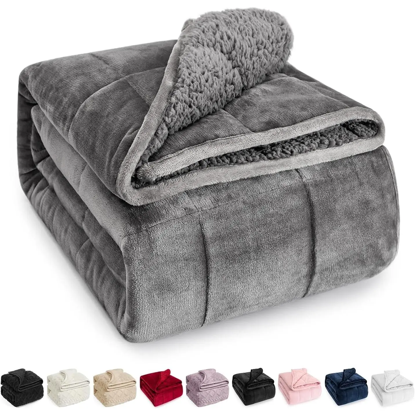 Sherpa Fleece Weighted Blanket for Adult, 15 lbs Dual Sided Cozy Fluffy Heavy Blanket, Ultra Fuzzy Throw Blanket with Soft Plush Flannel Top, 48 x 72 inches, Grey on Both Sides