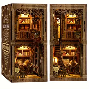 Wooden Puzzle DIY Book Corner Set, Mini Shelf Insert Dollhouse Model with LED Light, Ideal for Home Decor and Gifting