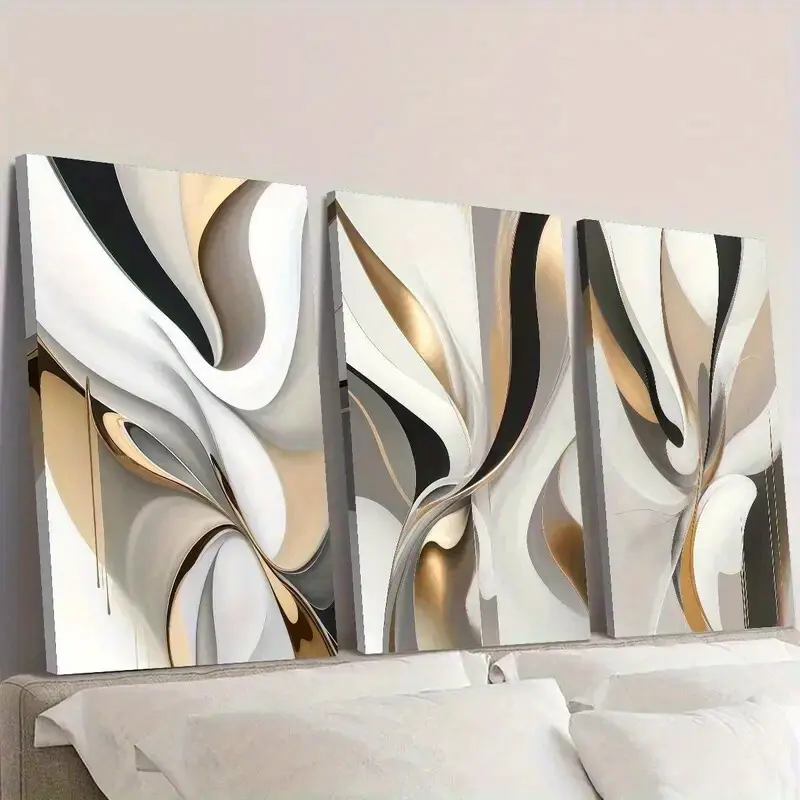 2D, 2D plane, 3-piece set of 2D plane style paintings, framed canvas wall art - modern abstract design, gold and white swirls, beige, black and gold tones - large triptych, size 12X 16inch - simple luxury wooden frame, suitable for useAesthetic Room Decor