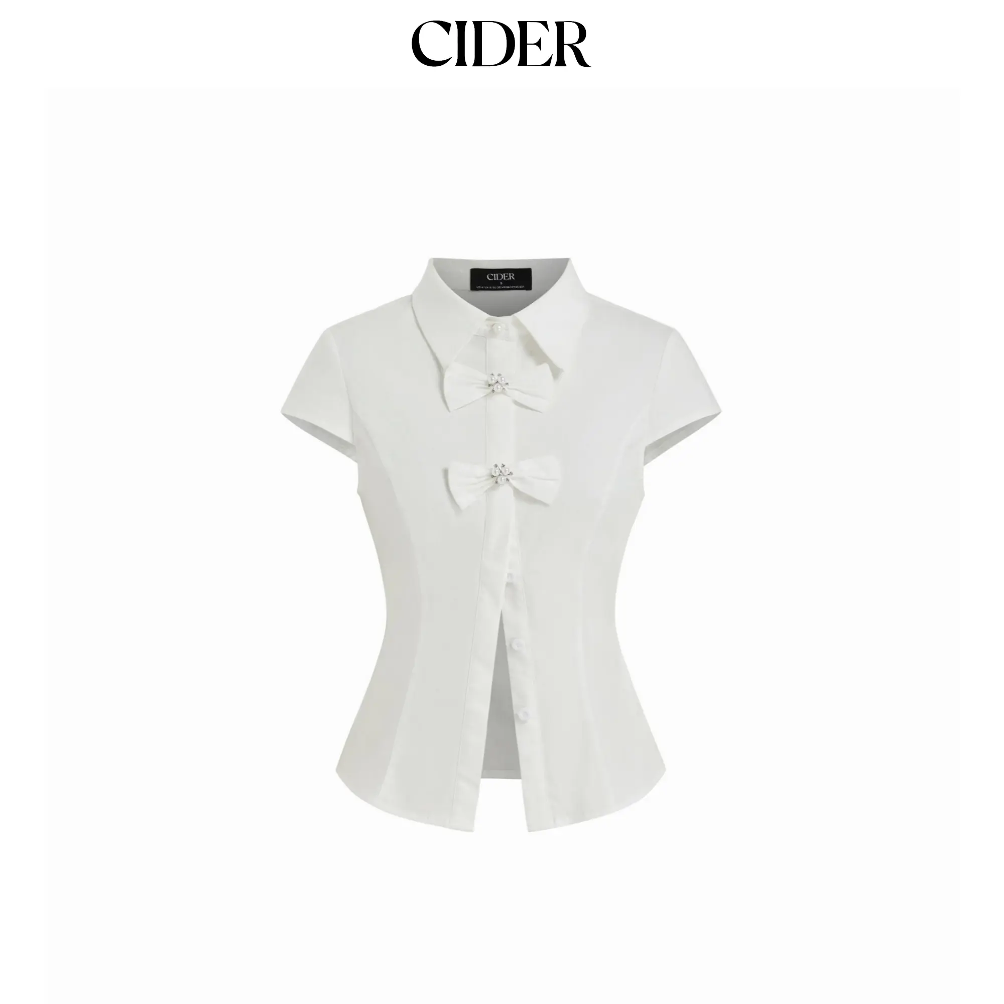 Cider Cotton-blend Short Sleeve Pearl Detail Bowknot Blouse